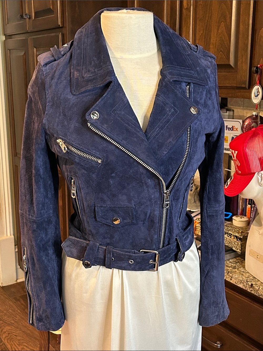 Vigoss Sz S Blue Suede Moto Style Crop Leather Suede Jacket - Picture 1 of 7